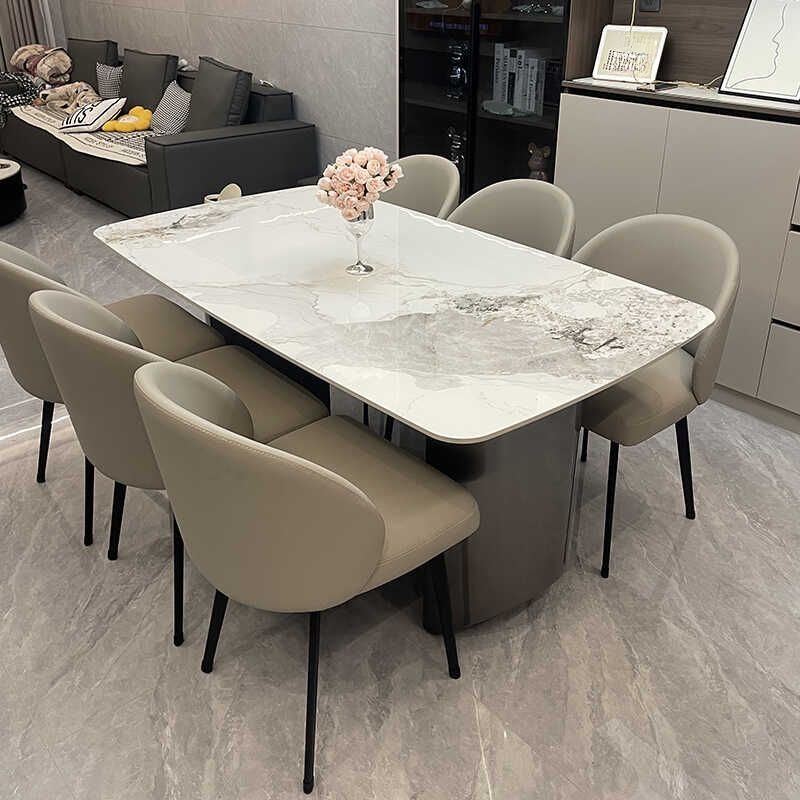 5 Piece Set Chalk Marble Stone Dining Table Set with for 4, Enclosed Back, Cushion Chair and Twin Support, Table & Chair(s), 78.7"L x 39.4"W x 29.5"H