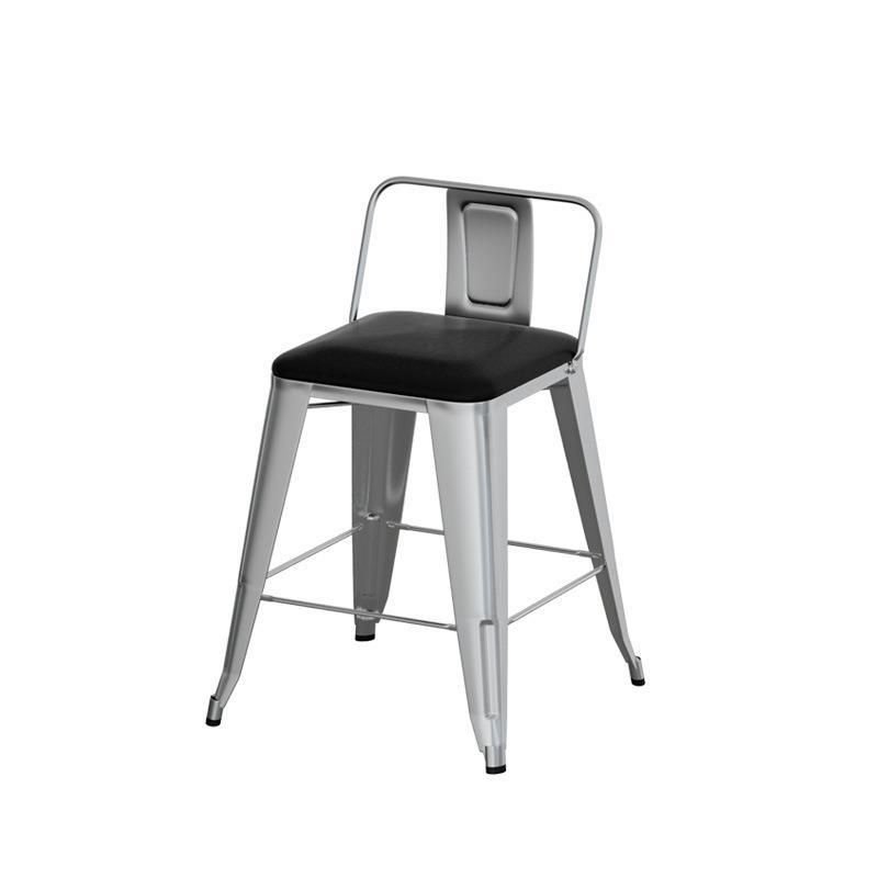 Rustic Rectangular Bar Stools in Coal with Back, Iron Frame and Foot Pedestal, Silver, Short Stool(18"H), Faux Leather