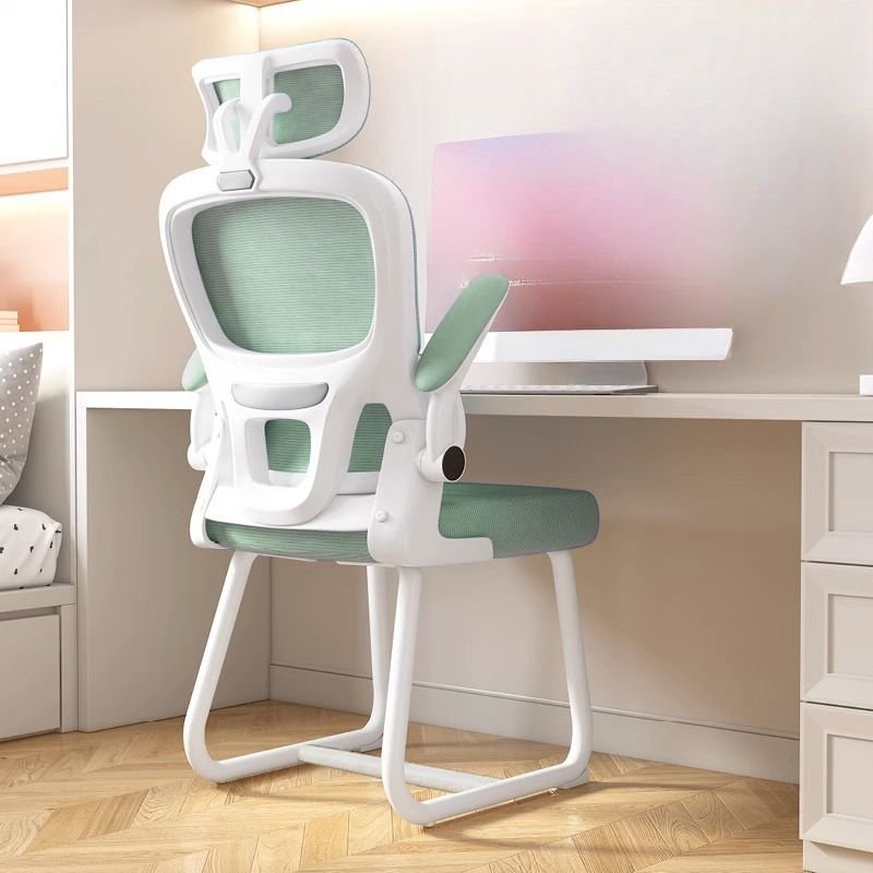 Minimalist Ergonomic Upholstered Office Desk Chairs in Light Green with Arms, Headrest and Flip-Up Armrest, Sponge, White/ Green