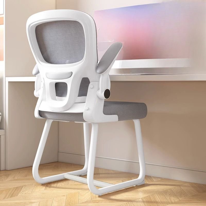 Minimalist Ergonomic Upholstered Study Chair in Grey with Arms and Flip-Up Armrest, White-Gray, Without Headrest, Sponge