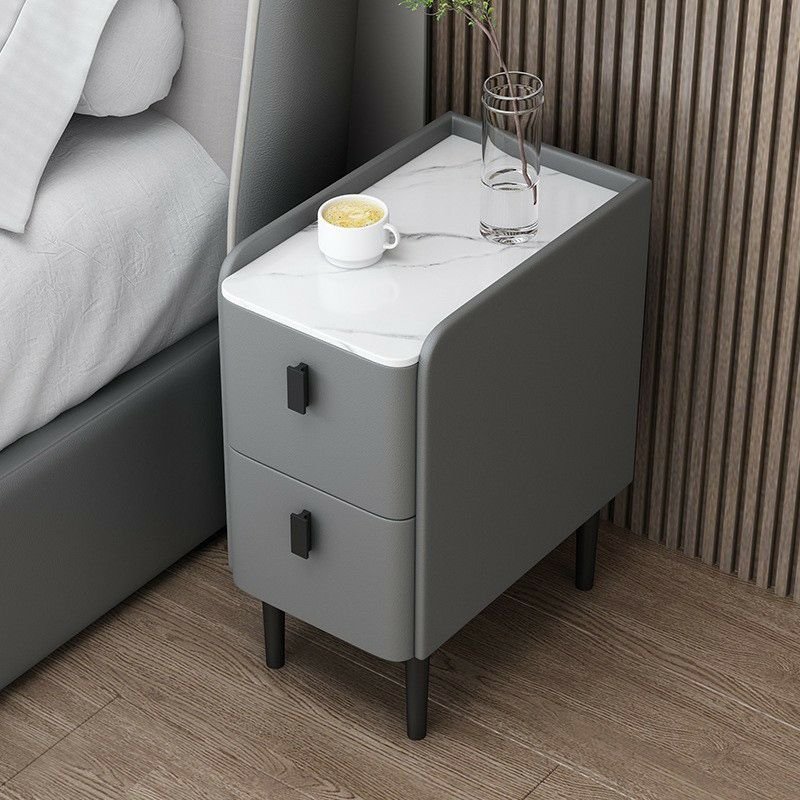2 Drawers Casual Stone Nightstand With Drawer Storage with Leg, Dark Gray, Wood & Microfiber Leather, 9.8"L x 15.7"W x 18.1"H