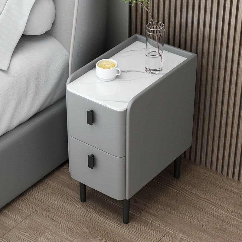 2 Drawers Contemporary Stone Nightstand With Drawer Storage with Leg, Light Gray, Wood & Microfiber Leather, 13.8"L x 15.7"W x 18.1"H