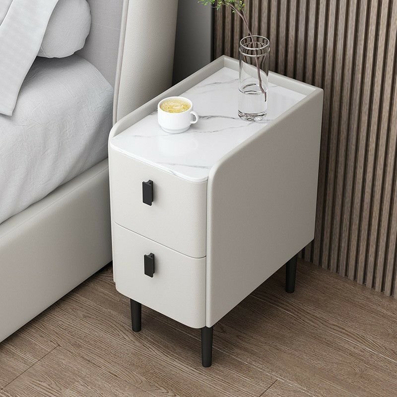 2 Drawers Contemporary Stone Nightstand With Drawer Organization with Leg, Off-White, Wood, 13.8"L x 15.7"W x 18.1"H