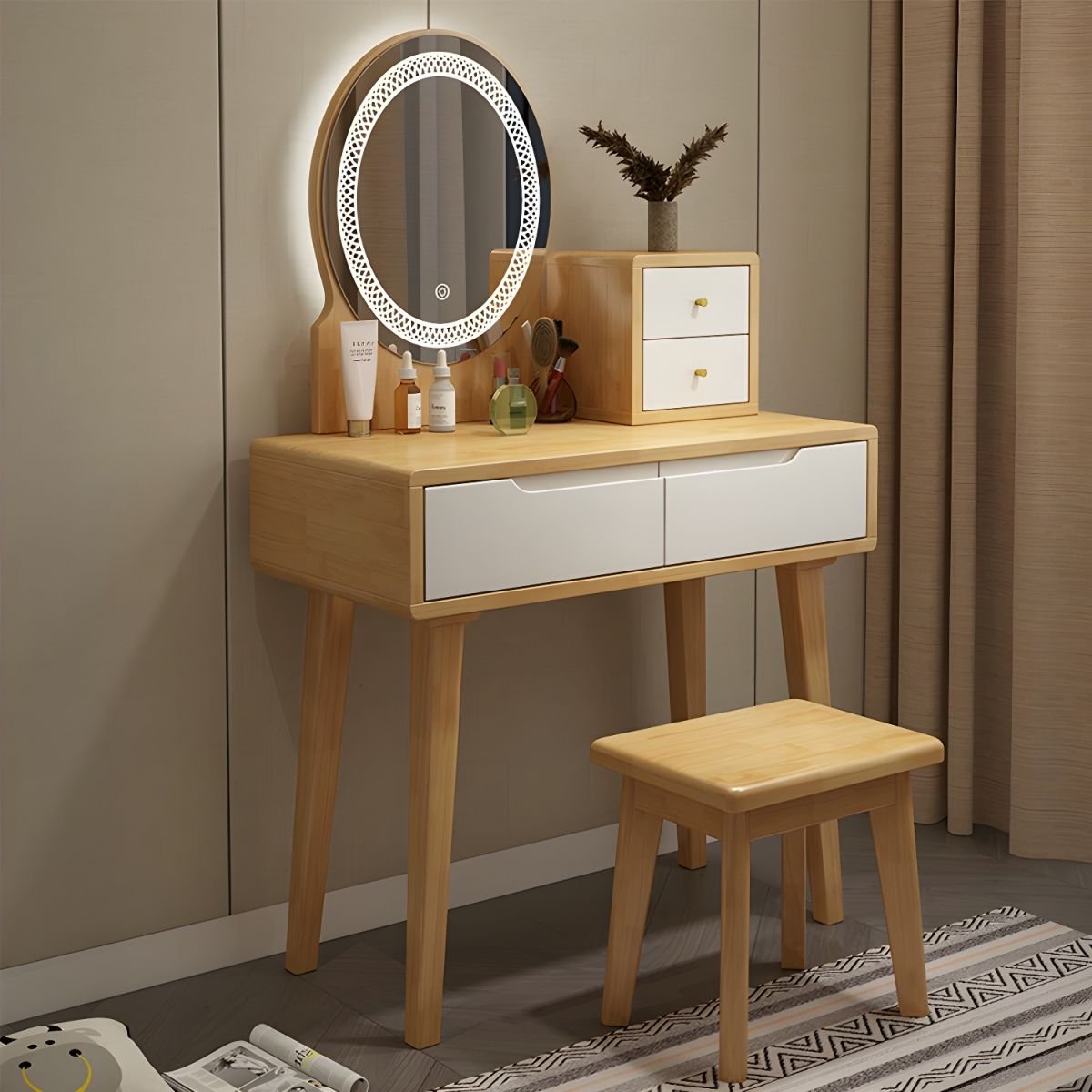 Modern Simple Style Standard Dressing Table Wood Grain Wood with Mirror Lights and Chair, Natural Wood/ White, Makeup Vanity & Mirror & Stools
