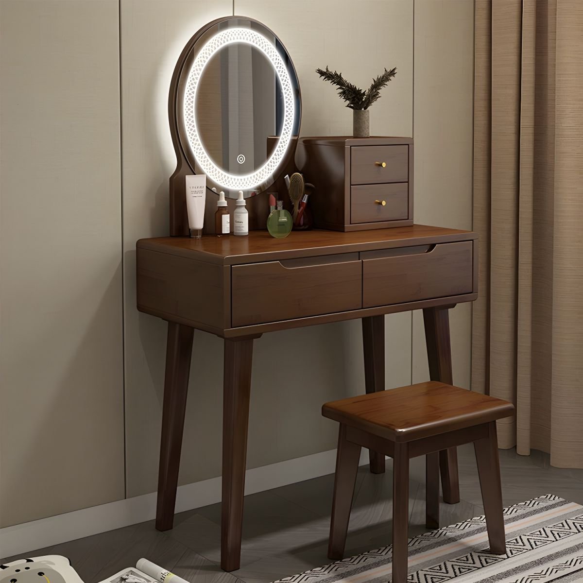 Modern Standard Dressing Table Wood Color Lumber with LED Mirror and Chair, Walnut, Makeup Vanity & Mirror & Stools
