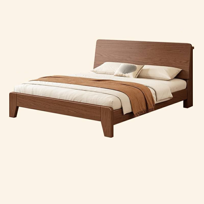 Wooden Frame Solid Color Panel Bed with Rectangle Headboard Living Room, Easy Assembly, 47"W x 79"L, Walnut