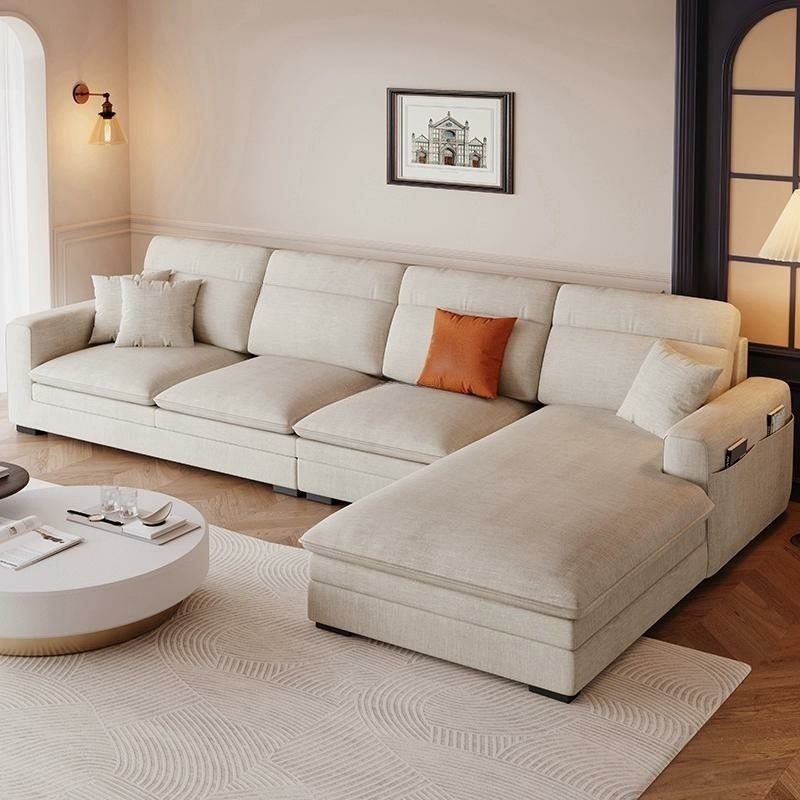Contemporary Square Arm Sectional Sofa with Pillows and Storage - Off-White Right 126"L x 69"W x 39"H Chenille/ Cotton and Linen