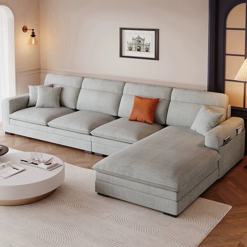 Contemporary Square Arm Sectional Sofa with Pillows and Storage - Light Gray Right 126"L x 69"W x 39"H Chenille/ Cotton and Linen