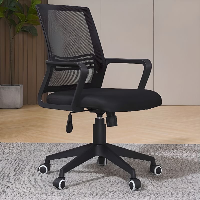Minimalist Ergonomic Upholstered Office Desk Chairs in Black with Arms, Tilt Available and Lumbar Support, Black, Casters Included