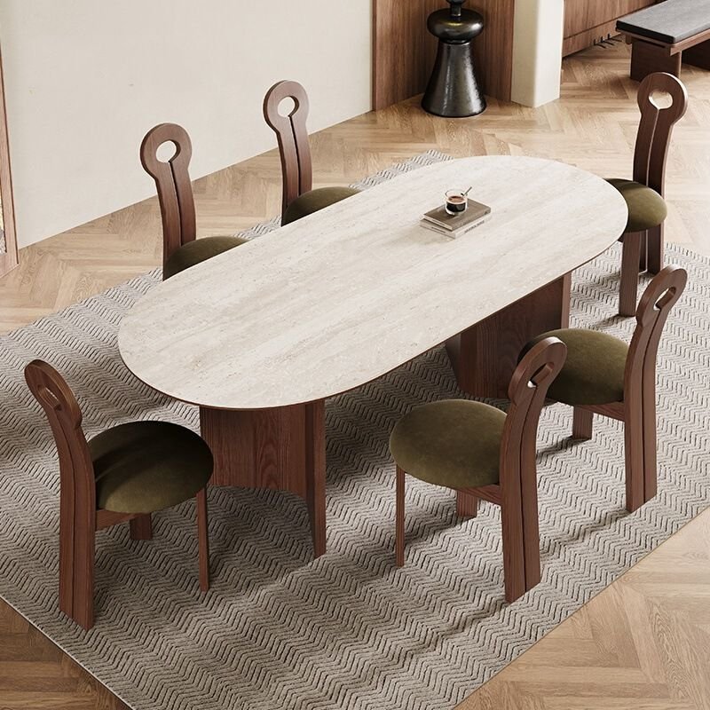 Beige Oblong Sintered Stone Dining Table Set with Slat-back Chairs for Seats 6, 70.9"L x 35.4"W x 29.5"H, 7 Piece Set, Table & Chair(s)