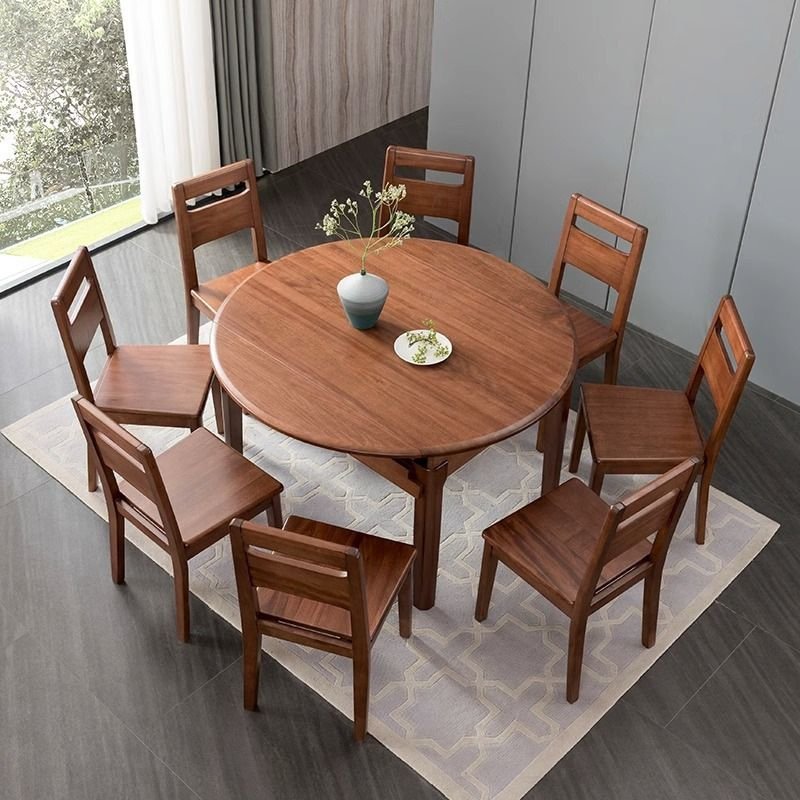 Victorian Natural Wood Folding Dining Table Set with Ladder Back Chairs for Seats 8, 9 Piece Set, Table & Chair(s), 59"L x 59"W x 27"H