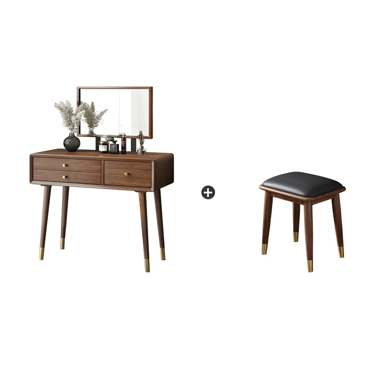 Cocoa Standard Minimalist Dressing Table Timber with Adjustable Mirror and Seat, Makeup Vanity & Mirror & Stools