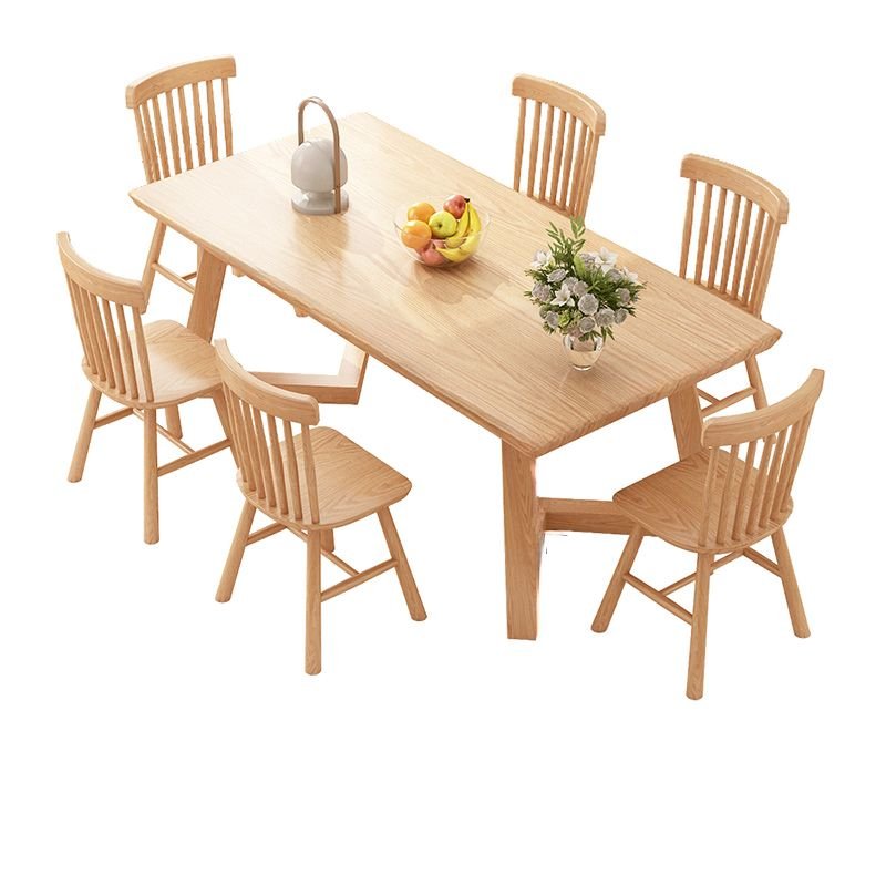 Casual Sledging Wood Color Dining Table Set with Oak Wood Windsor Back Chairs, Table & Chair(s), 7 Piece Set, 63"L x 31.5"W x 29.5"H, 33.9"H x 17.7"W x 17.7"D