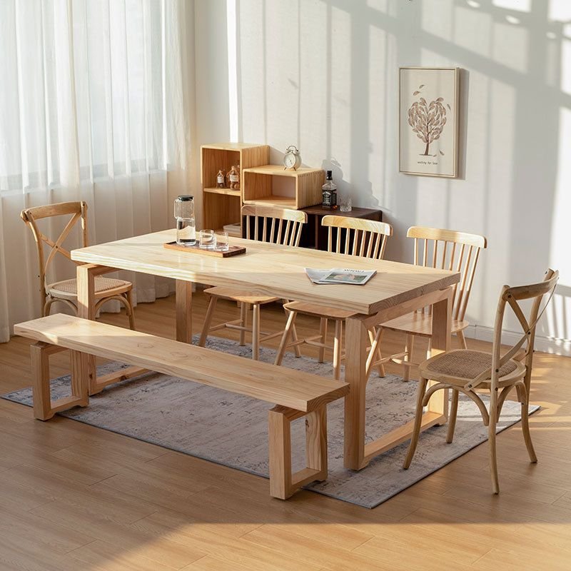 Casual Sledging Amber Wood Dining Table Set with Solid Wood Bench and Windsor Back Chairs for Seats 8, 63"L x 27.6"W x 29.5"H, 7 Piece Set, Table & Chair & Bench