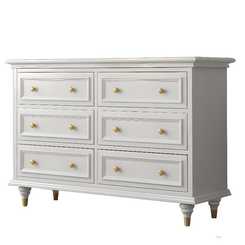 Victorian White Double Dresser Horizontal Raw Wood with 6 Drawers for Master Bedroom, 63"L x 17.7"W x 33.5"H