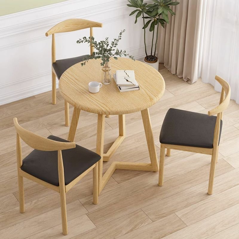 Warm Wood Finish Round Dining Table Set with Wood Table and Upholstered Chairs, 4 Pieces, Table & Chair(s), 23.6"L x 23.6"W x 29.5"H, Natural