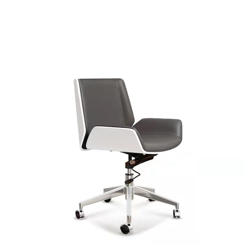 Art Deco Ergonomic Leather Office Furniture in Light Gray with Rollers, Fixed Arms and Tilt Lock, Without Headrest, Grey