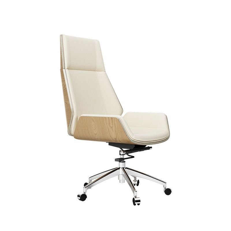 Art Deco Ergonomic Leather Office Furniture in Cream with Headrest, Fixed Arms and Tilt Lock, Off-White