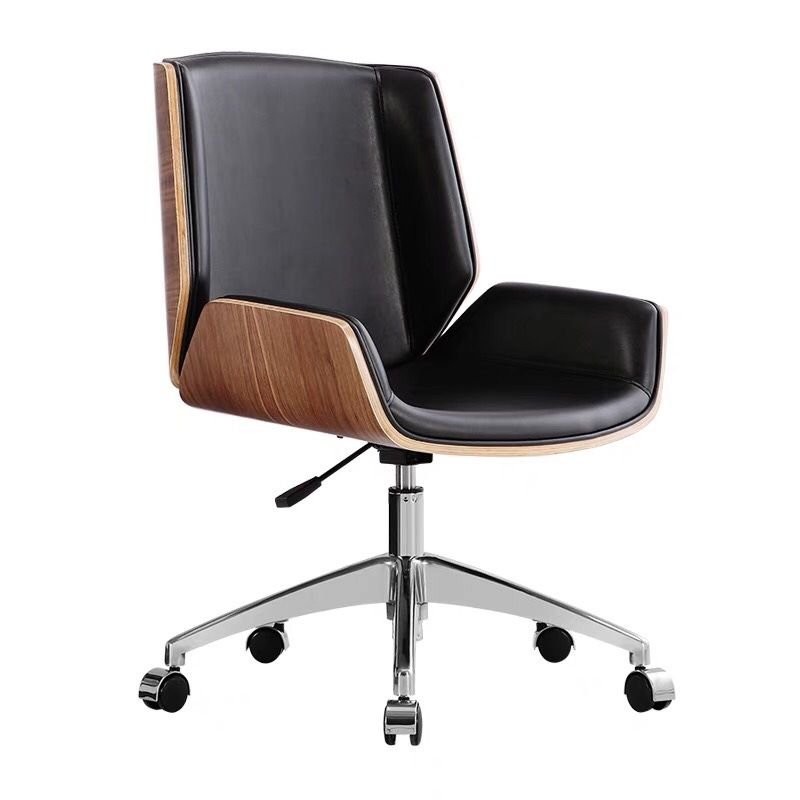 Minimalist Ergonomic Leather Study Chair in Black with Portable, Fixed Arms and Tilt Lock, Without Headrest, Walnut