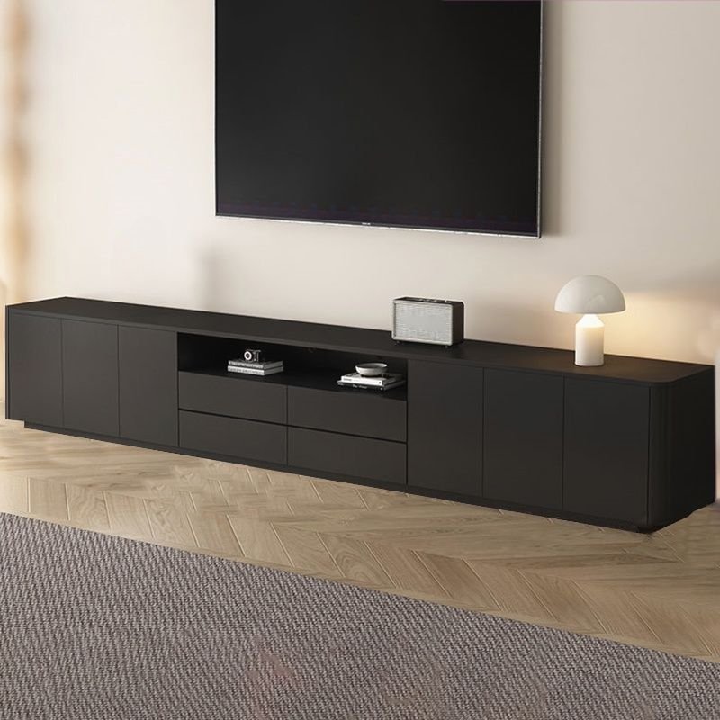 4 Drawers & 4-Cabinet Ink Timber TV Stand with Exposed Storage, Shelf, Cable Management, 134"L x 14"W x 24"H