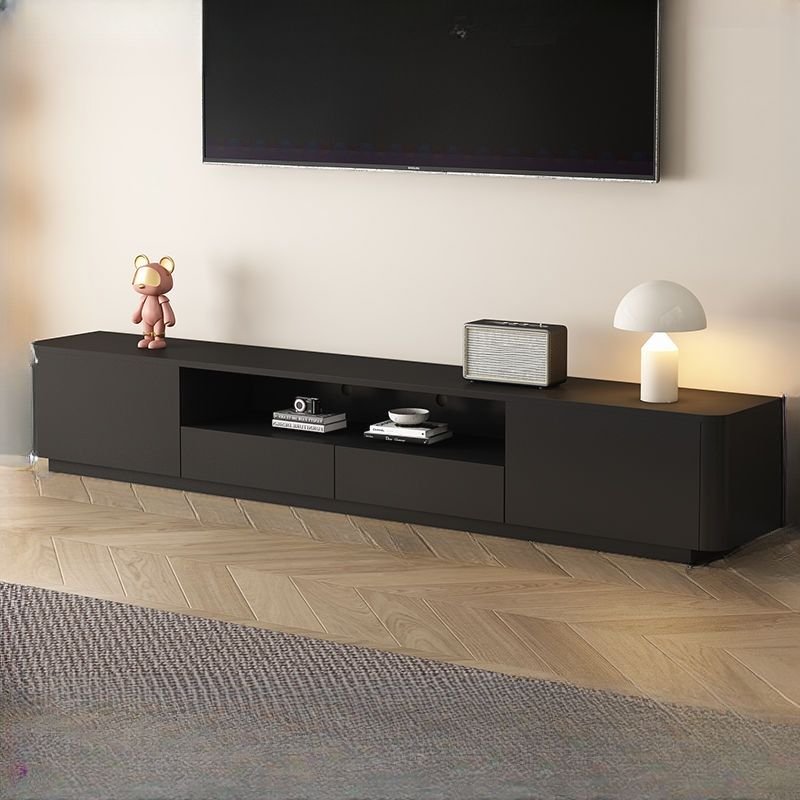 2 Drawers & 2-Cabinet Ink Timber TV Stand with Exposed Storage, Shelf, Cable Management, 79"L x 14"W x 16"H