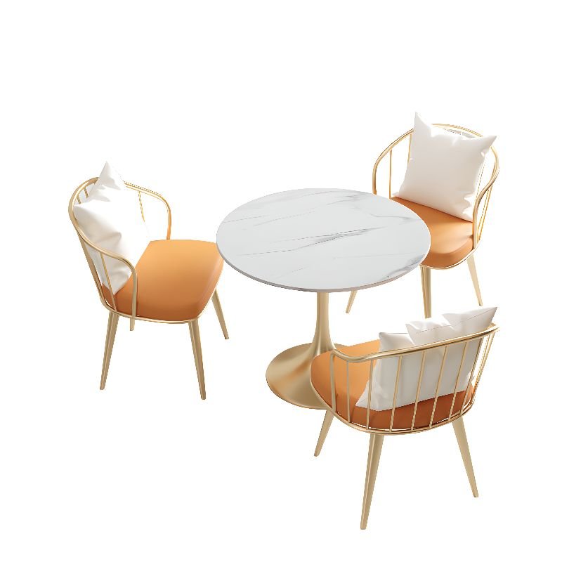 Art Deco Round Stone Dining Table Set with Slat Back Chairs, 4-piece, Table & Chair(s), 31.5"L x 31.5"W x 29.5"H