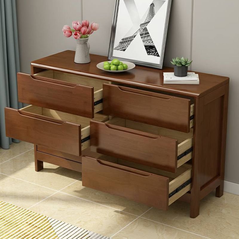 Trendy Wood Horizontal Double Dresser with 6 Drawers Bedroom, Nut-Brown