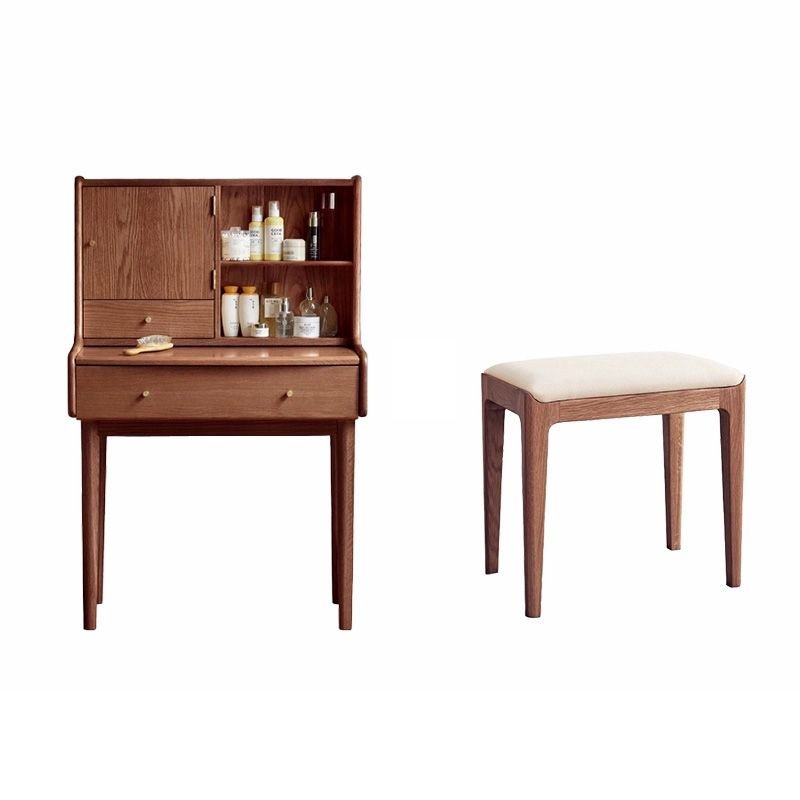 Modish Oak Wood Small Dressing Table with Adjustable Mirror and Gray Chair, 30"L x 17"W x 50"H, Makeup Vanity & Mirror & Stools, Walnut