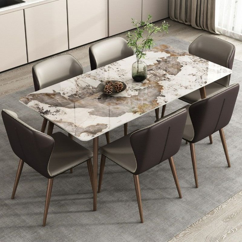 Shaker Rectangle Slate White Four Legs Dining Table Set with Upholstered Back Chairs for 6 People, 70.9"L x 35.4"W x 29.5"H, Pandora & Gold, 7 Piece Set, Table & Chair(s)