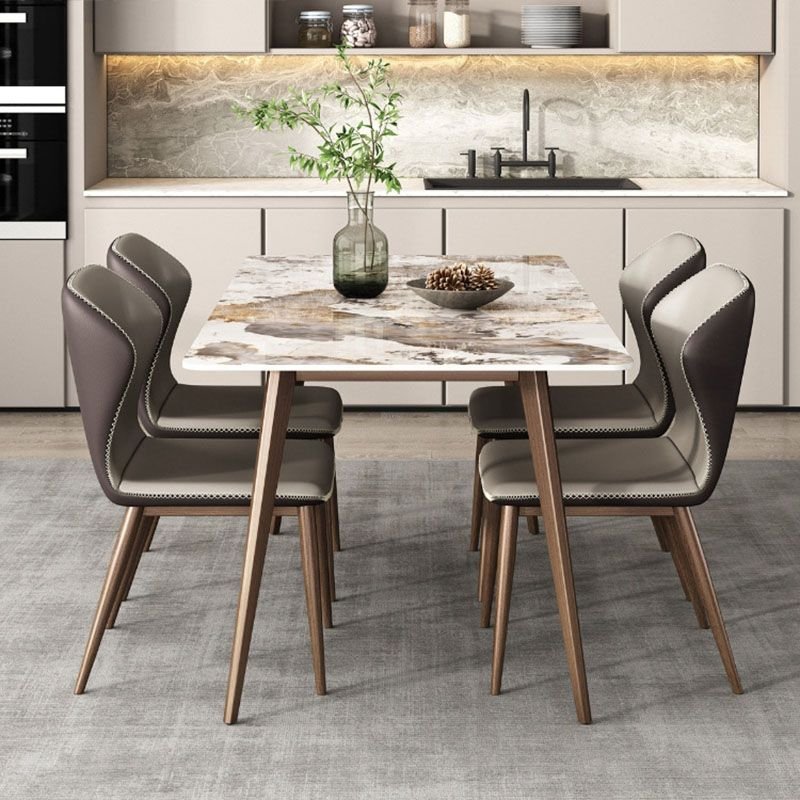 Casual Rectangle Slate Chalk Four Legs Dining Table Set with Upholstered Back Chairs for 4 People, Table & Chair(s), 5 Piece Set, 47.2"L x 27.6"W x 29.5"H, Pandora & Gold