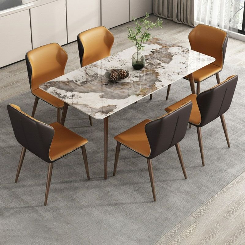 Casual Rectangle Slate White Four Legs Dining Table Set with Upholstered Back Chairs for Seats 6, Orange/ Gold, 63"L x 31.5"W x 29.5"H, 7 Piece Set, Table & Chair(s)