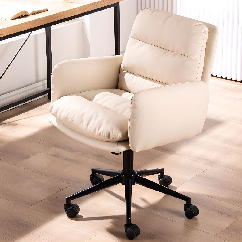 Minimalist Leather Studio Chairs in White with Arms and Rollers, White