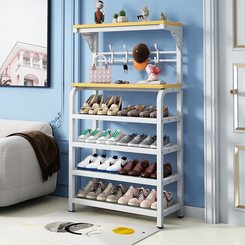Adult Casual Alloy Shoe Rack with Visible Storage, Shelf, Self-supporting, 31"L x 11"W x 51"H, White/ Yellow