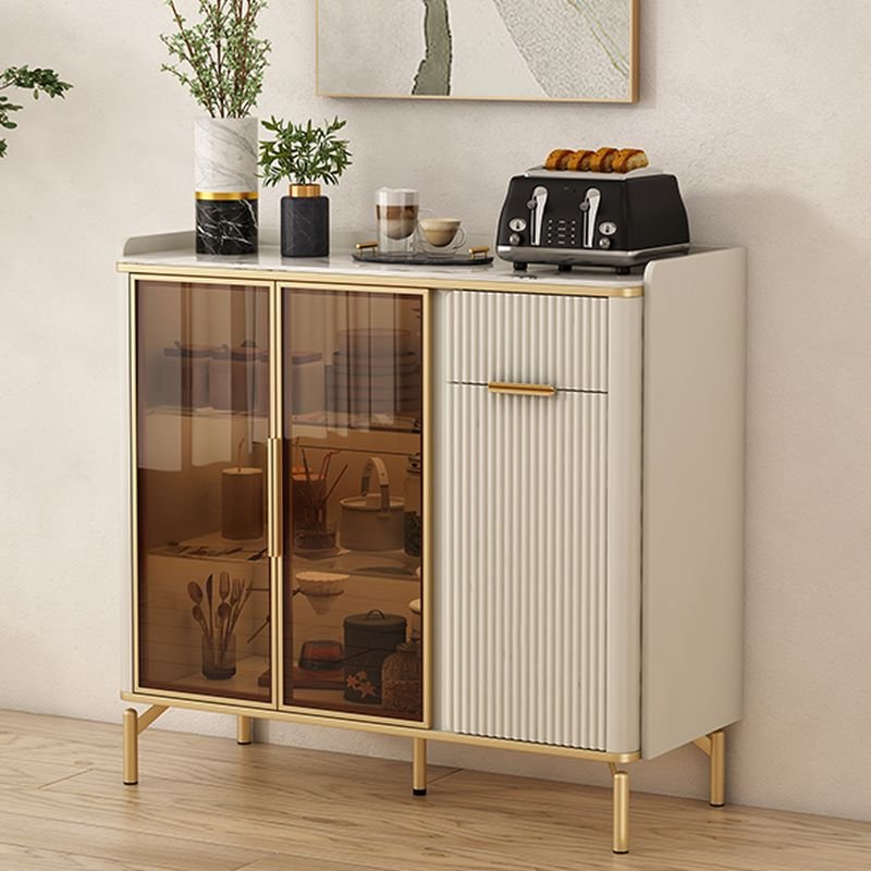 1 Drawer & 4 Shelves Off White Stone Flooring Sideboard with Glass-panel Door & Compartment, 41"L x 16"W x 37"H