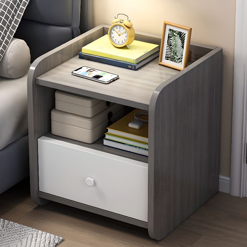 2 Tiers Simple Lumber Open Nightstand with 1 Drawer, Gray & White, 13"L x 12"W x 16"H