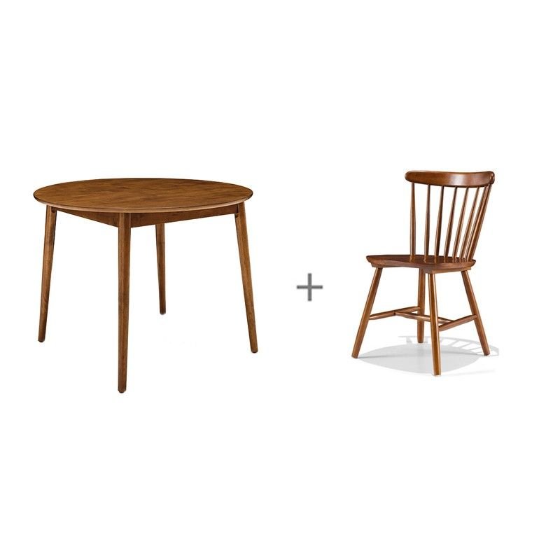 Casual Round Dining Table Set in Sand with a Natural Wood Tabletop and Windsor Back Chairs for 4 People, Table & Chair(s), 5 Piece Set, 39.4"L x 39.4"W x 29.5"H
