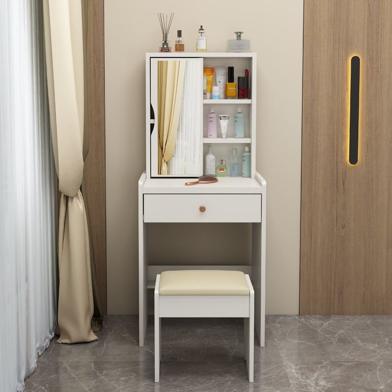 Modern Wood Dressing Table with Tabletop Storage for Sleeping Room, Dividers Included, No Floating, Makeup Vanity & Stools, Warm White, Vertical, 19.7"L x 15.7"W x 50"H