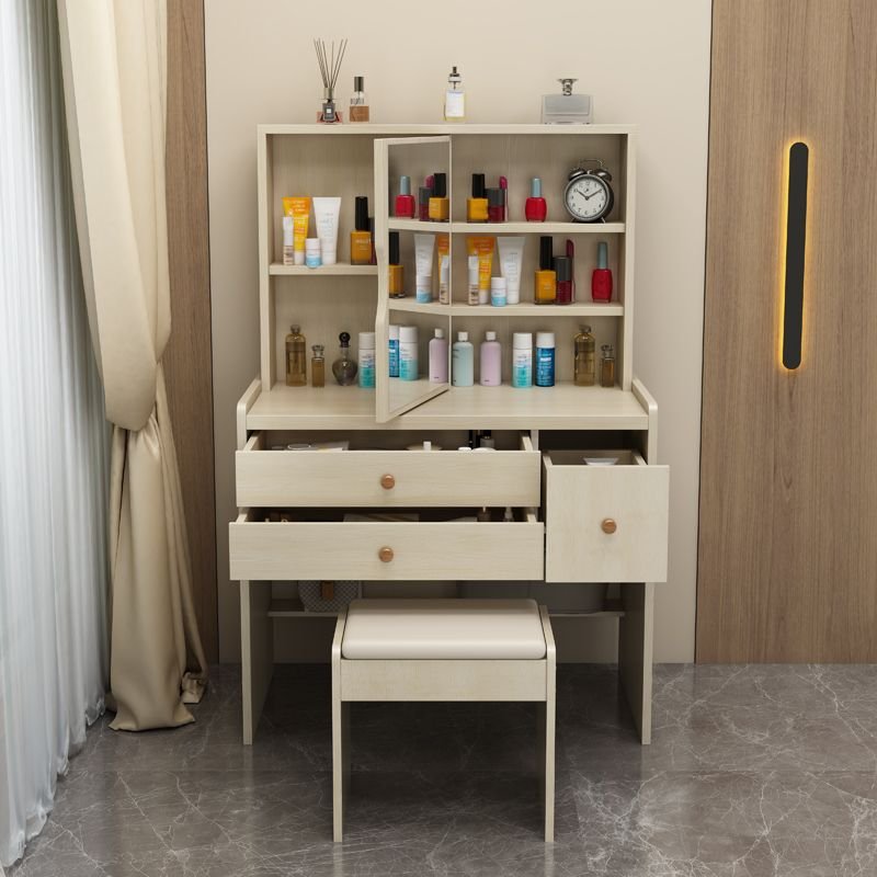 Modern Wood Dressing Table with Tabletop Storage for Sleeping Room, Dividers Included, No Floating, Makeup Vanity & Stools, Off-White, Vertical, 31.5"L x 15.7"W x 51.2"H