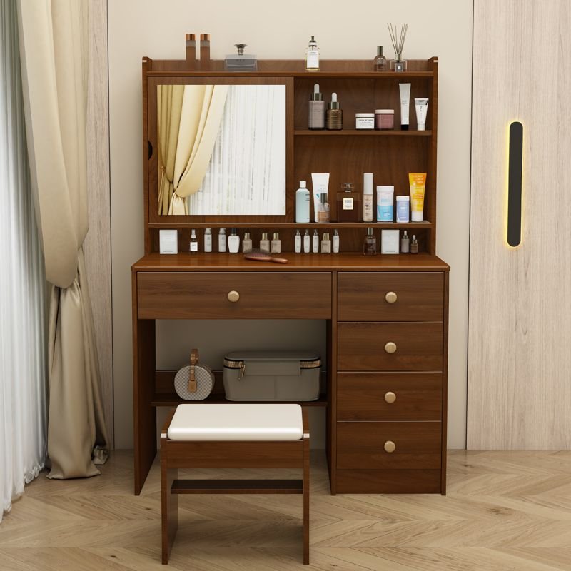 Modern Wood Dressing Table with Tabletop Storage for Sleeping Quarters, Dividers Included, No Floating, Brown, Right, Makeup Vanity & Stools, 31"L x 15"W x 52"H