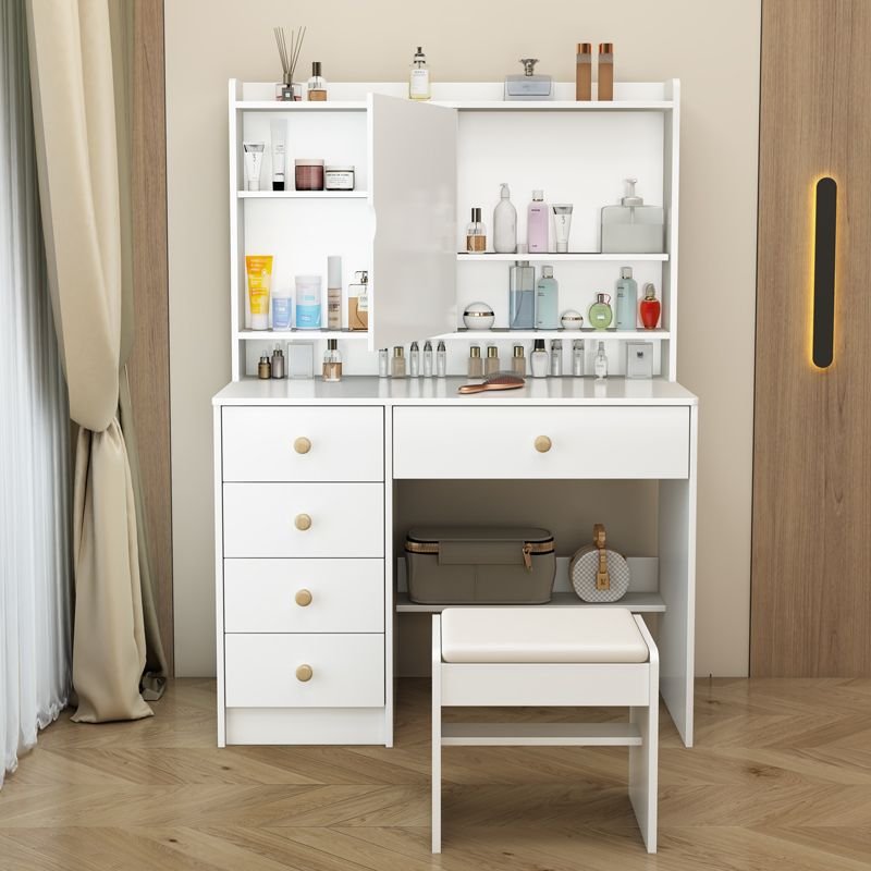 Modern Wood Dressing Table with Tabletop Storage for Sleeping Room, Dividers Included, No Floating, Makeup Vanity & Stools, White, Left, 31"L x 15"W x 52"H