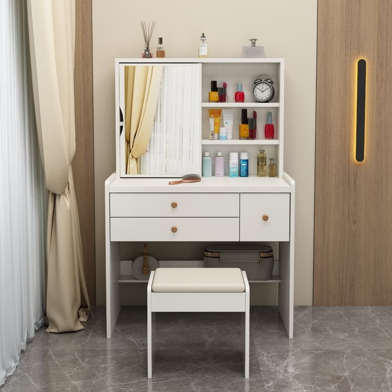Modern Wood Dressing Table with Tabletop Storage for Sleeping Room, Dividers Included, No Floating, Makeup Vanity & Stools, Warm White, Vertical, 31.5"L x 15.7"W x 51.2"H