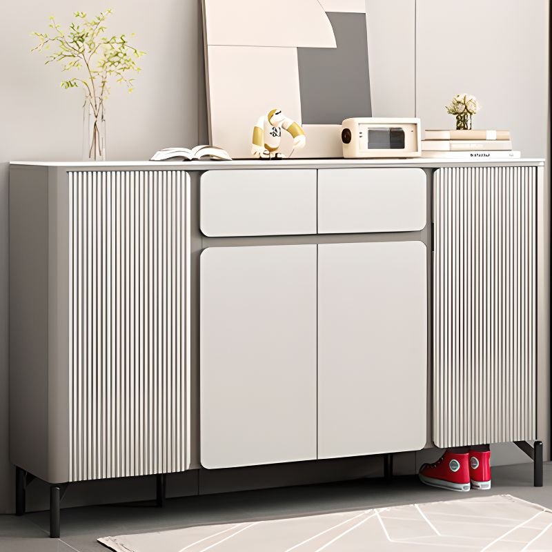 Adult Gray Solid+ Composite Wood Closed Back Shoe Tower with Drawers, Gate & Adjustable Shelving, 63"L x 14"W x 41"H