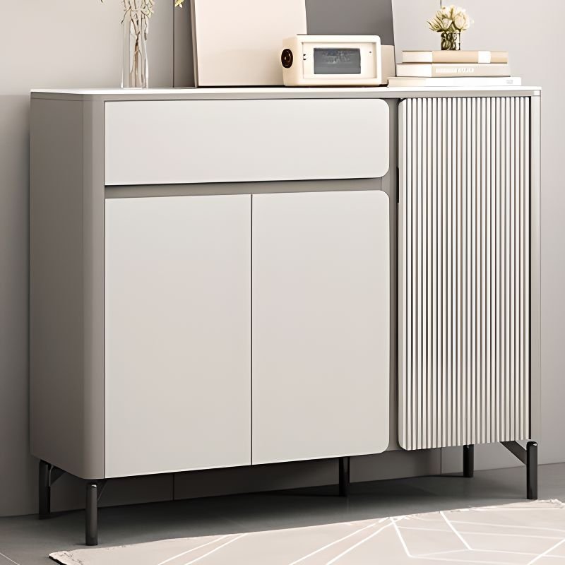 Adult Gray Solid+ Composite Wood Shoe Displays with Drawers, Cabinet Door, Adaptable Shelf, Closed Back, 47"L x 14"W x 41"H