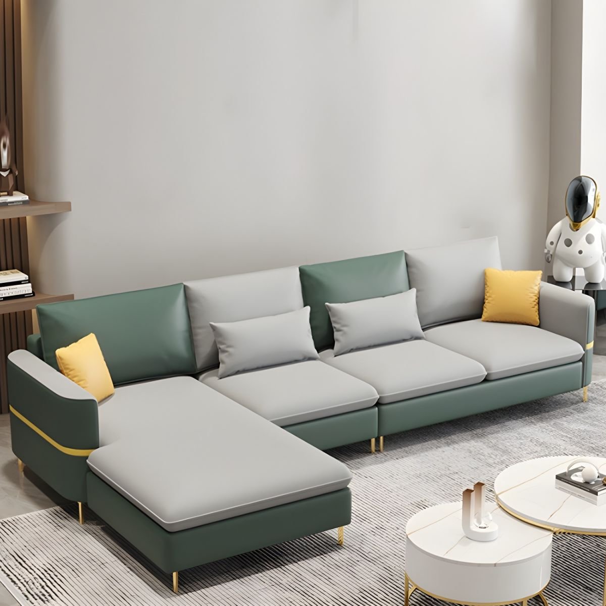 Glamorous Tech Cloth L-Shape Sectional Sofa with Square Arm and Pillow Back in 3 Piece Set - Dark Green/ Light Gray Tech Cloth Latex & Down Left