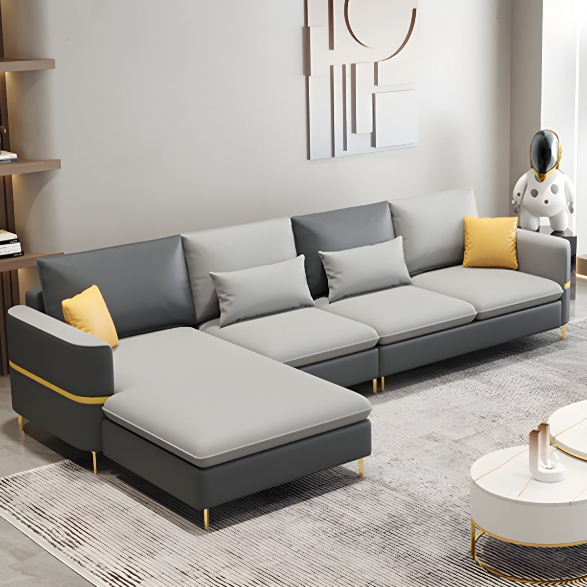 Glamorous Tech Cloth L-Shape Sectional Sofa with Square Arm and Pillow Back in 3 Piece Set - Dark/ Light Grey Tech Cloth Latex & Down Left
