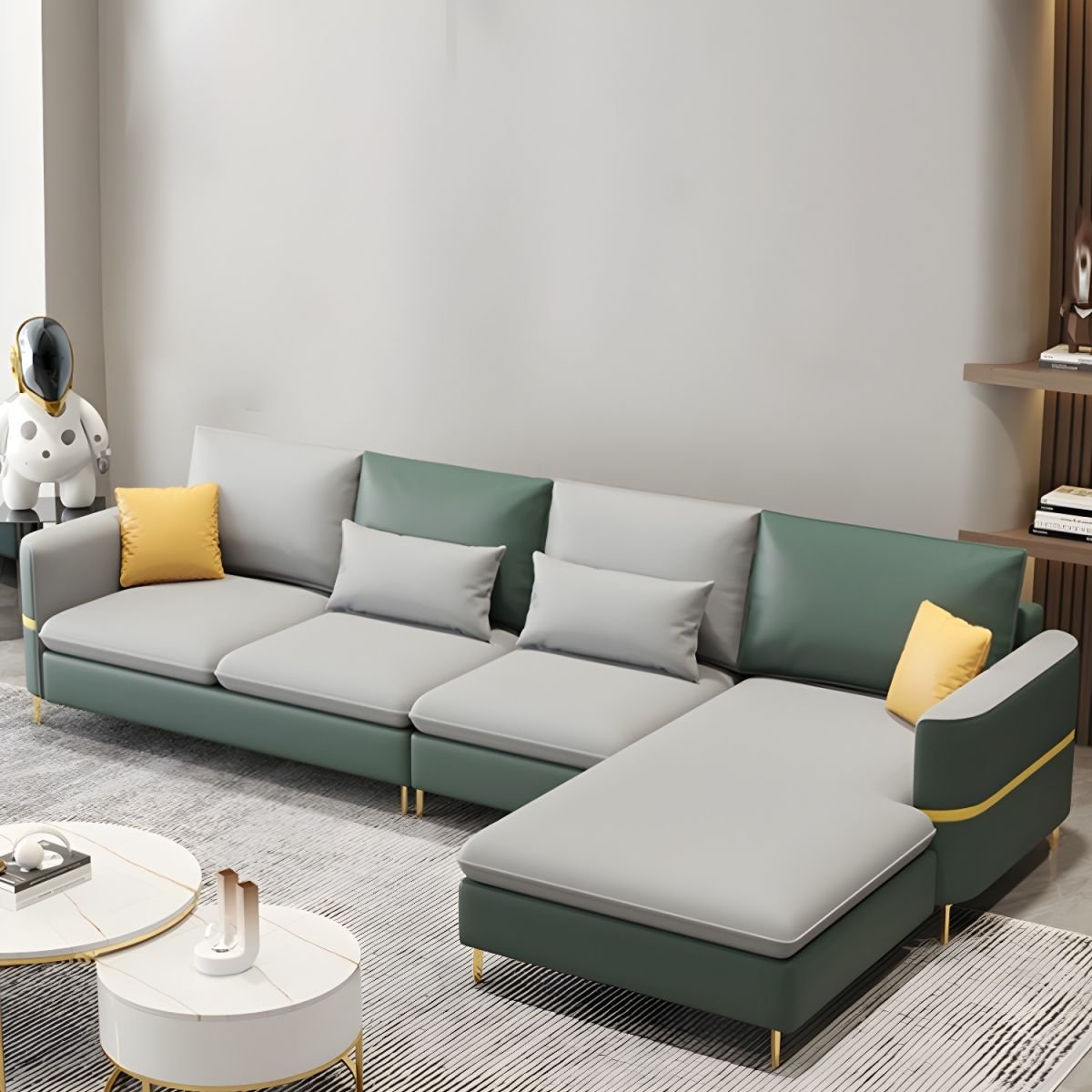 Glamorous Tech Cloth L-Shape Sectional Sofa with Square Arm and Pillow Back in 3 Piece Set - Dark Green/ Light Gray Tech Cloth Latex & Down Right