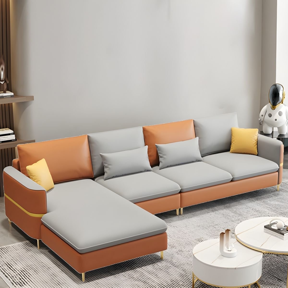 Glamorous Tech Cloth L-Shape Sectional Sofa with Square Arm and Pillow Back in 3 Piece Set - Light Gray/ Blue Tech Cloth Latex & Down Left