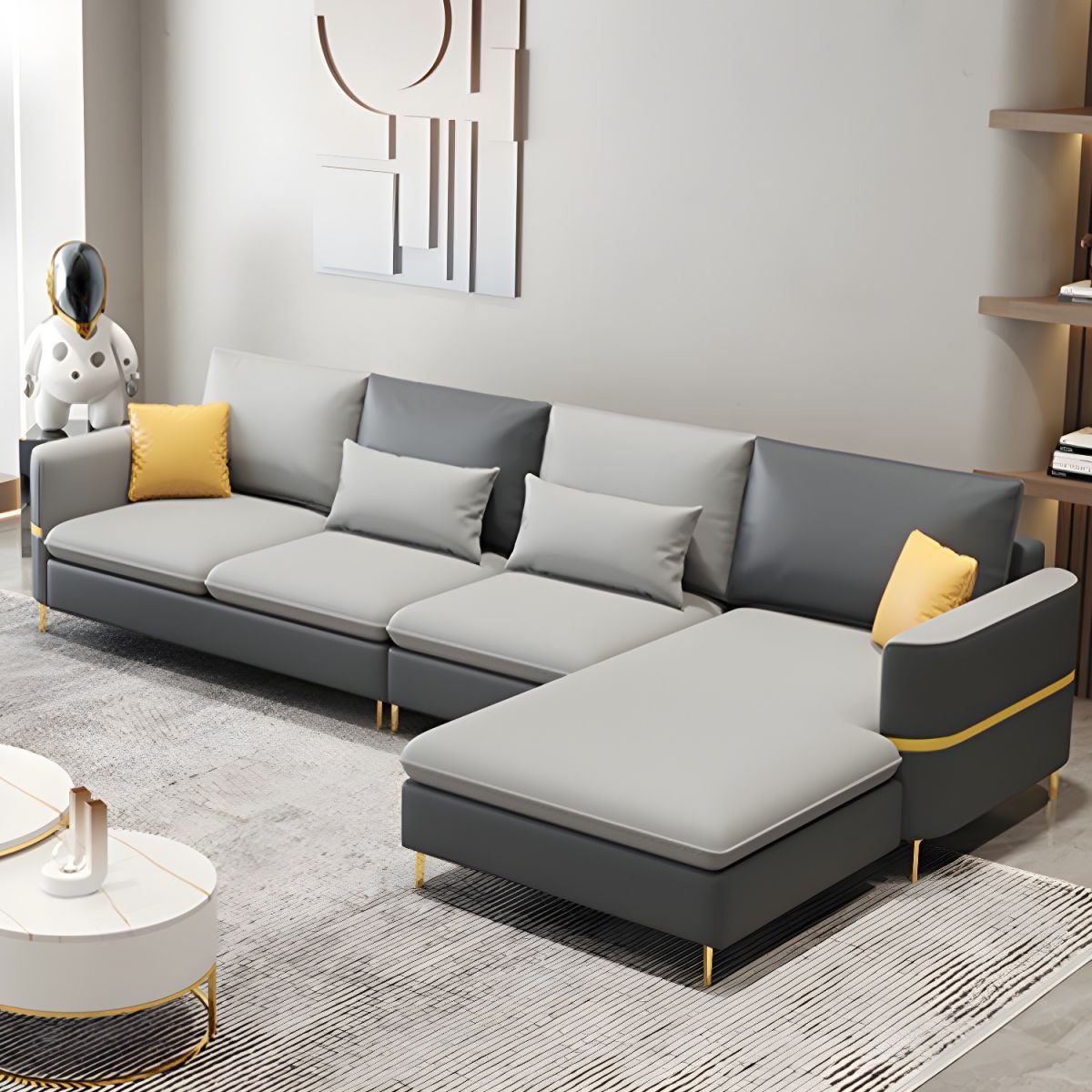 Glamorous Tech Cloth L-Shape Sectional Sofa with Square Arm and Pillow Back in 3 Piece Set - Dark/ Light Grey Tech Cloth Latex & Down Right