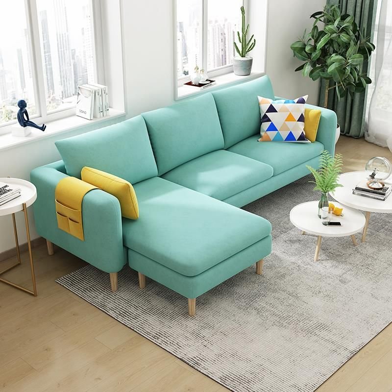 Contemporary Modern L-Shape Reversible Sponge Cushioned Sofa Chaise 3 Person with Square Arm & Wide Pillow Back, Cotton and Linen, Mint Green