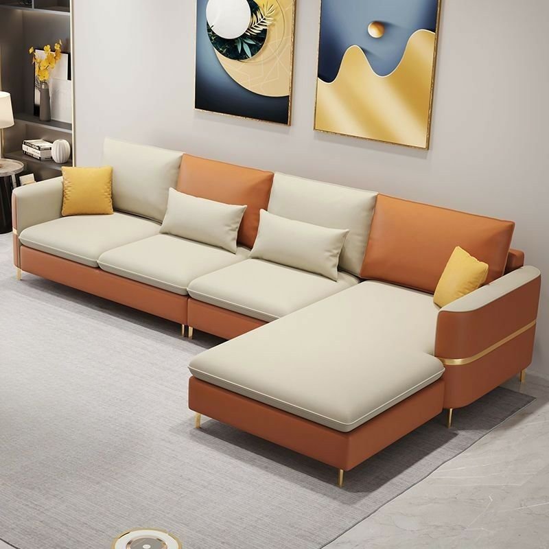Seats 4 Modern L-Shape Right Sofa Chaise with Sponge Fill Cushions / Square Arm / Wide Pillow Back, Orange/ Beige, Tech Cloth